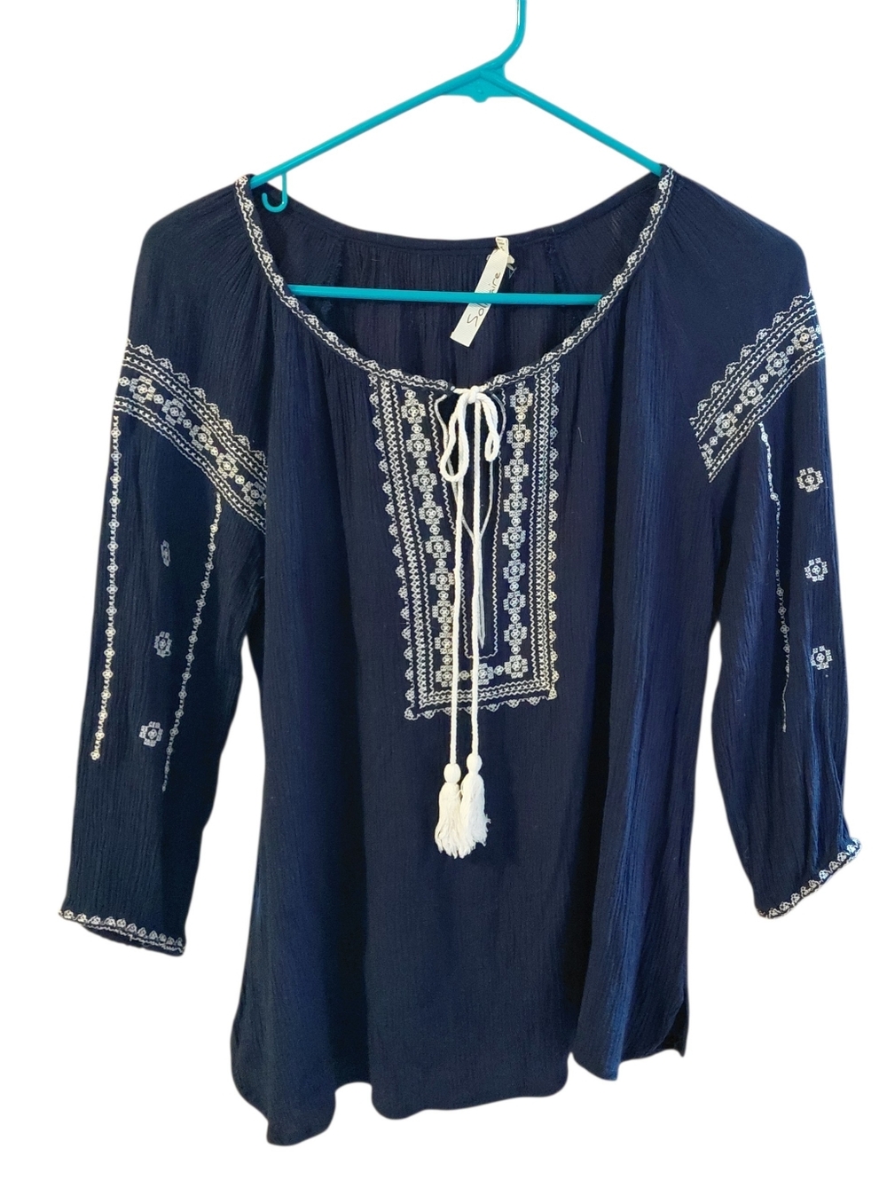 Solitaire Navy Boho Peasant Top with White Embroidered Yoke and Tassels Size S